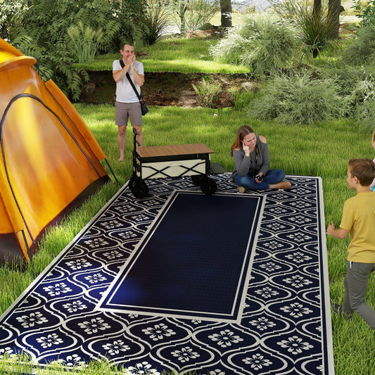 Reversible Outdoor Rug, Waterproof Plastic Straw With Carry Bag, 9 X 18, Blue & White Gourd Border