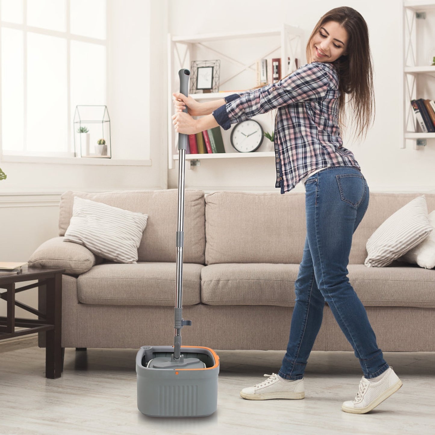 Spin Mop And Bucket System Includes Dual Compartment Mop Bucket 4Pcs Thick Washable Microfiber Mop Pads For Home Cleaning