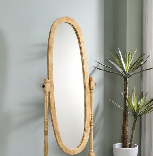 59.25 Tall Standing Wooden Floor Mirror With Natural Finish, Oval Shape