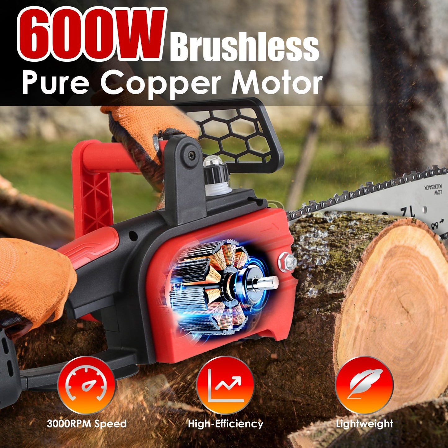 1Pc 12Inch Electric Cordless Chainsaw With 2Pcs 21V 3000mAh Battery And Charger Brushless Battery Operated Handheld Chainsaw With Auto Oiler Safety Switch For Tree Trimming Wood Cutting