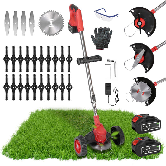1Pc 3 In 1 Electric Cordless Grass Wacker Battery Powered Grass Trimmer With Wheels Adjustable Head Extendable Length Rechargeable Lightweight Lawn Trimmer With 2Pcs 2500mAh Batteries