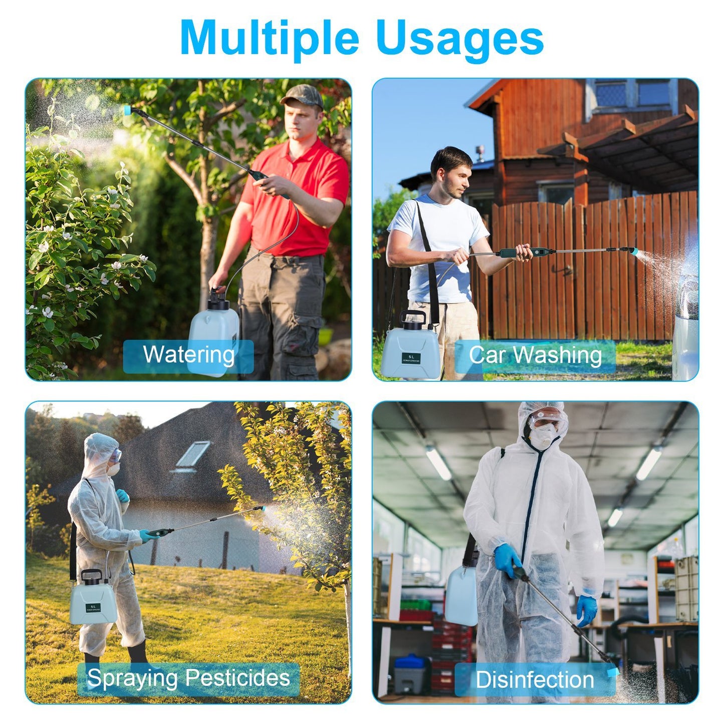 5L 1.32Gallon Battery Operated Water Sprayer Portable Garden Sprayer Electric Sprayer With Rechargeable Handle Telescopic Wand 3 Spray Nozzles Shoulder Strap For Lawn Garden