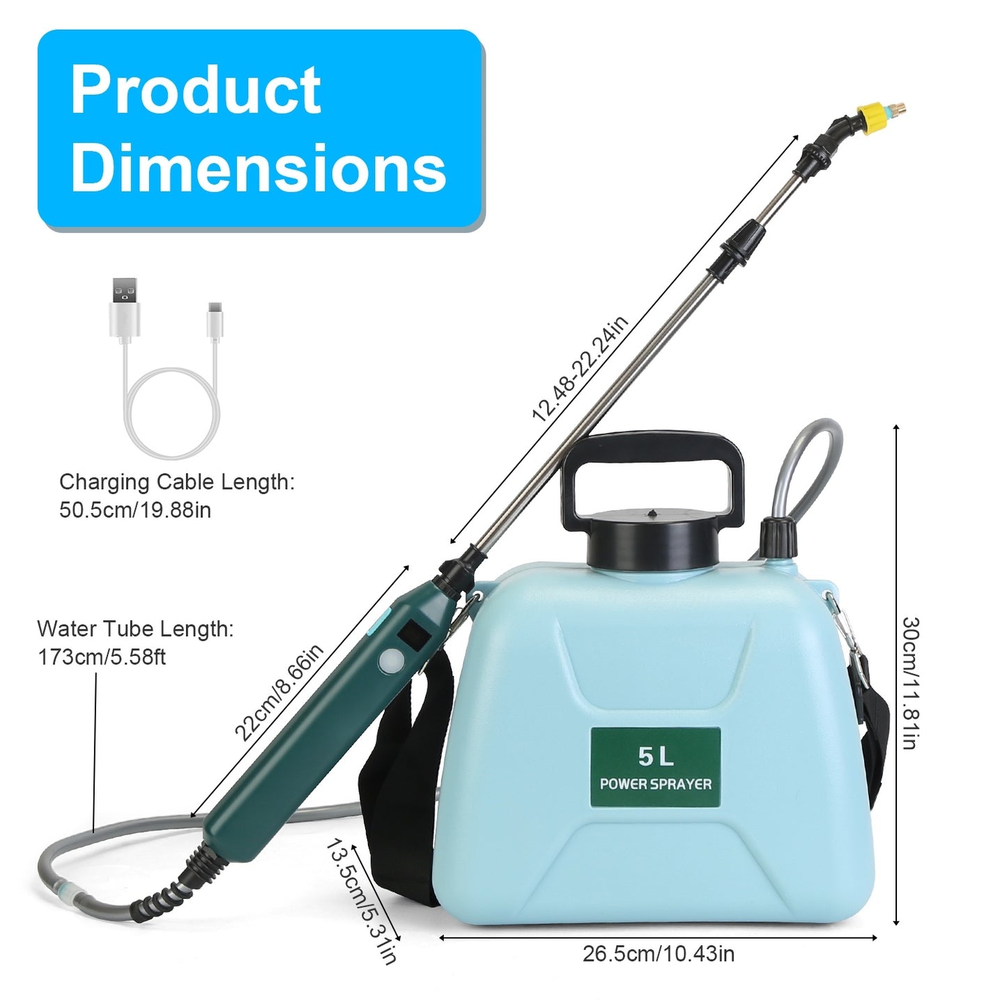 5L 1.32Gallon Battery Operated Water Sprayer Portable Garden Sprayer Electric Sprayer With Rechargeable Handle Telescopic Wand 3 Spray Nozzles Shoulder Strap For Lawn Garden