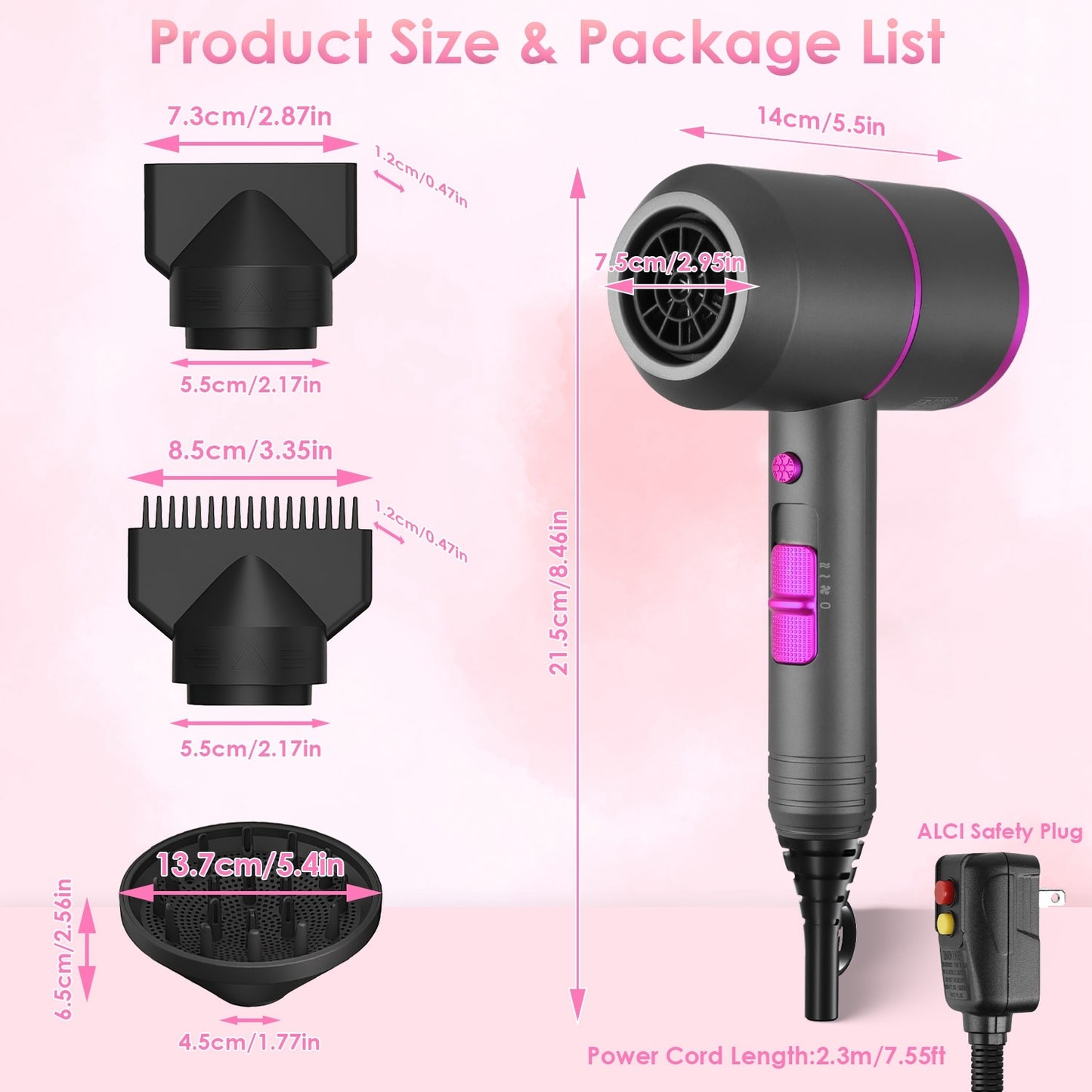 1Pc 1800W Hair Dryer Portable Compact Hair Blow Dryer With Cool Warm Hot Wind With Diffuser Concentrator Comb Nozzle ALCI Plug Overheat Protection For Women Man Straight Curly Hair