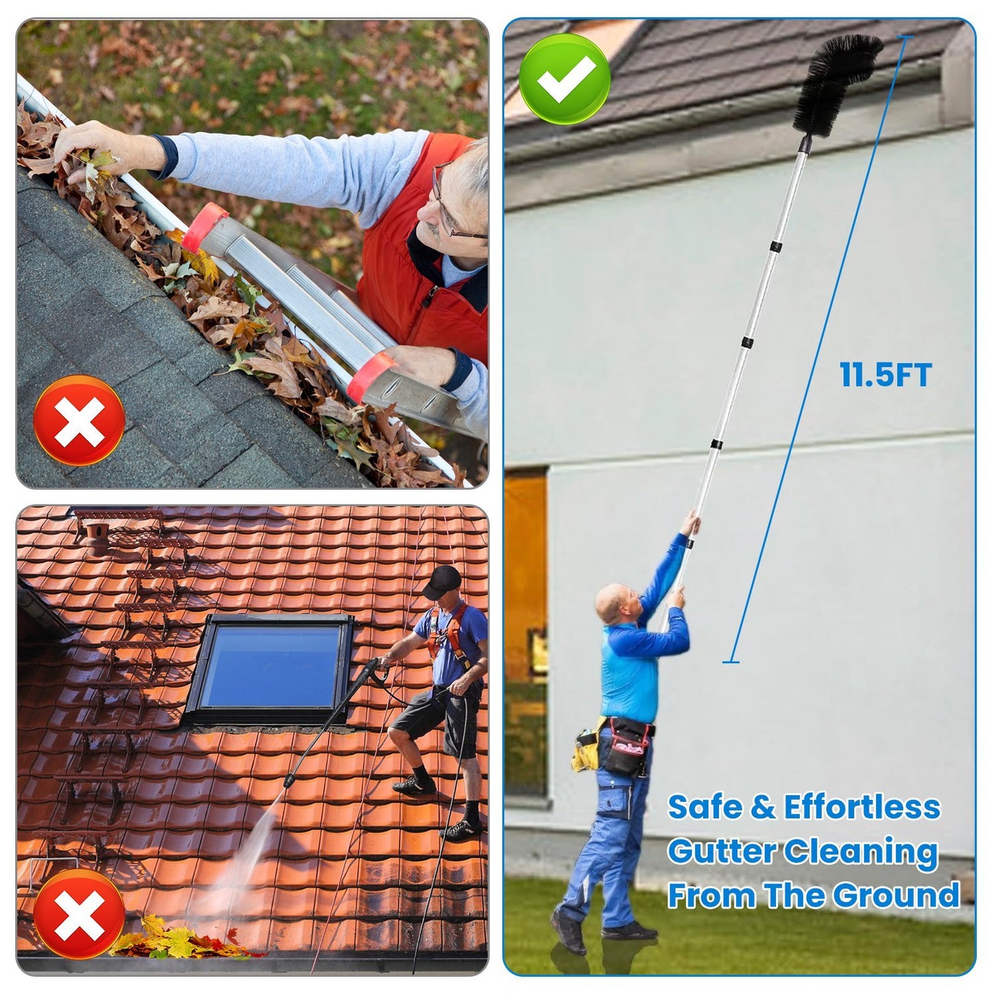 1Pc 11FT Gutter Cleaning Brush With Telescoping Handle Rain Gutter Cleaner Extendable Gutter Cleaning Tool From The Ground With 2 Angled Brushes Anti Slip Gloves Goggles