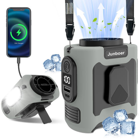 16, 000 Rpm 10000mAh Portable Waist Fan, Clip On Wearable Belt Personal Fan, Rechargeable Battery Powered, With 5 Speed Levels And A Flashlight, Suitable For Outdoor Camping And Traveling Gray