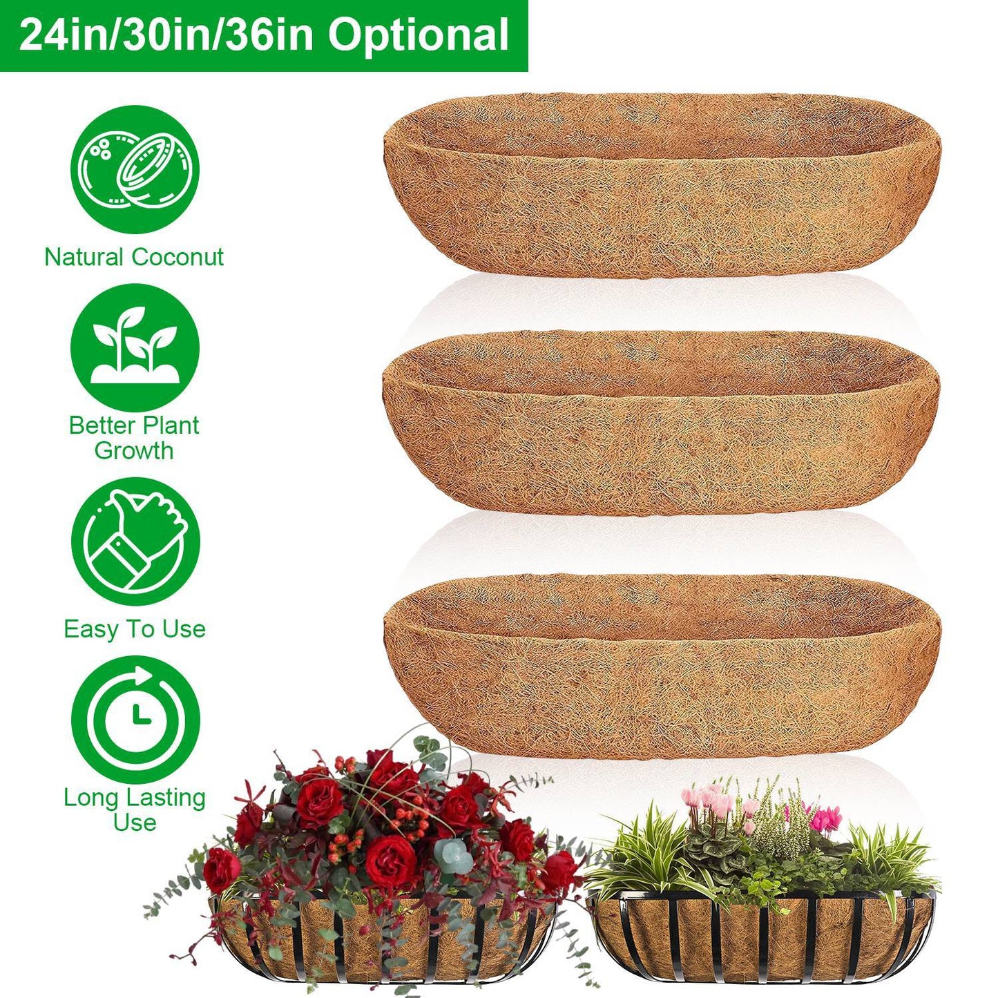 3Pcs Trough Coco Liners For Planters Coconut Coir Planter For Window Box Hanging Trough Basket Half Moon Planter Liner Replacement For Garden Fence Flower Vegetable