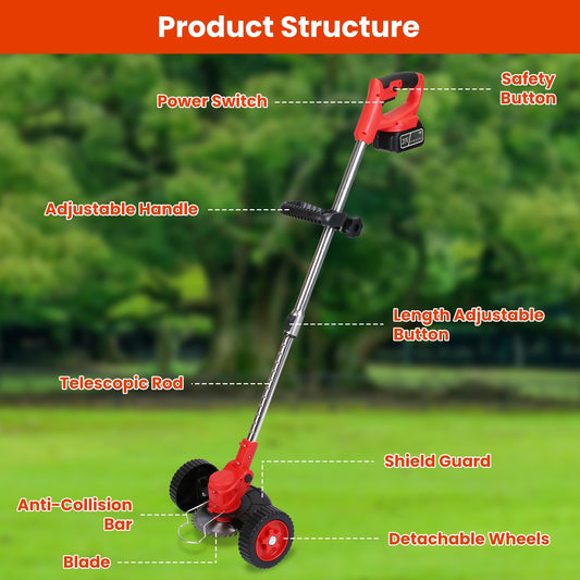 1Pc 3 In 1 Electric Cordless Grass Wacker Battery Powered Grass Trimmer With Wheels Adjustable Head Extendable Length Rechargeable Lightweight Lawn Trimmer With 2Pcs 2500mAh Batteries