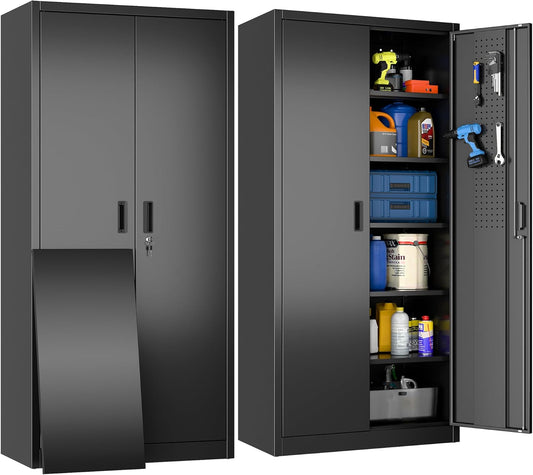 Metal Storage Cabinet With Pegboard ,Lockable Steel Storage Cabinet With 5 Adjustable Shelves And Door For Garage, Office, Kitchen, Assembly Required Black