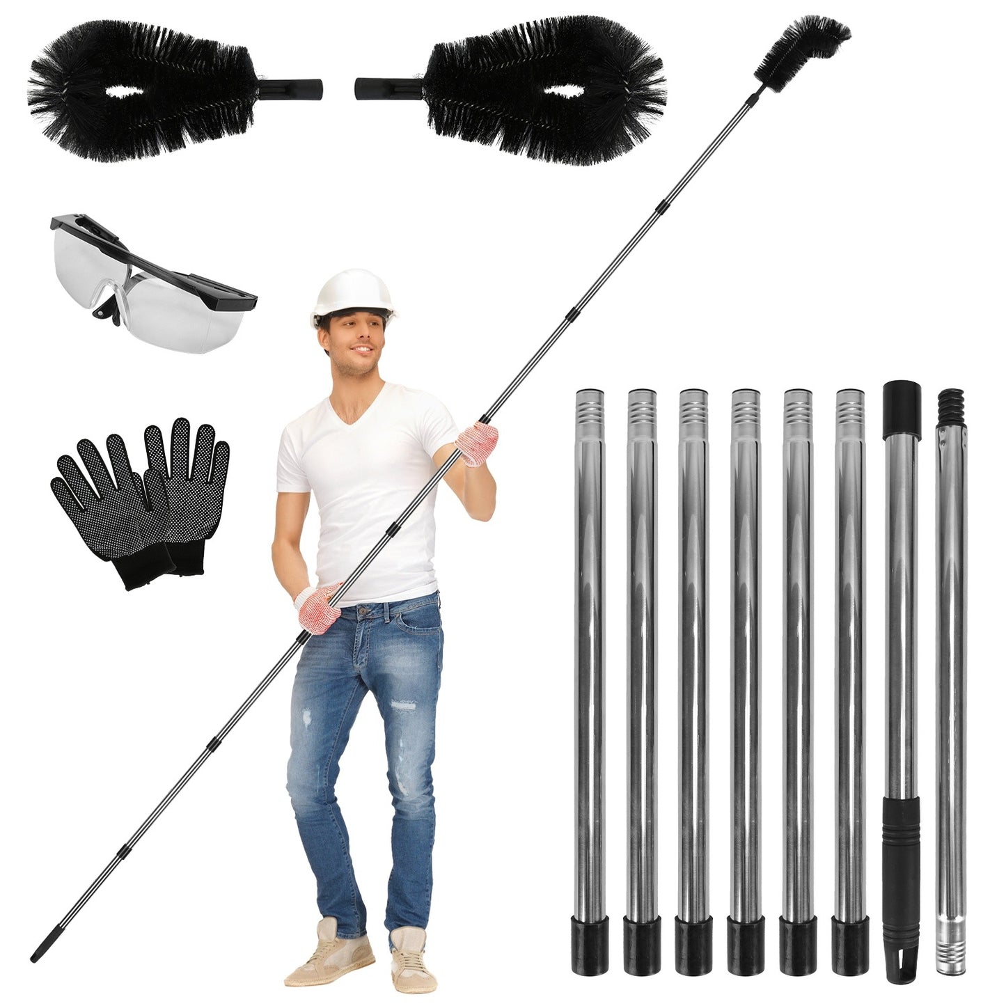1Pc 11FT Gutter Cleaning Brush With Telescoping Handle Rain Gutter Cleaner Extendable Gutter Cleaning Tool From The Ground With 2 Angled Brushes Anti Slip Gloves Goggles