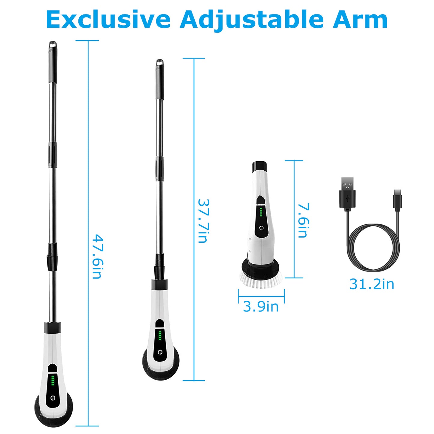 1Pc Electric Spin Scrubber Cordless Rechargeable Telescopic Cleaning Brush 8 Replaceable Heads 2 Speed Adjustable Extension Arm Bathroom Tub Tile Floor