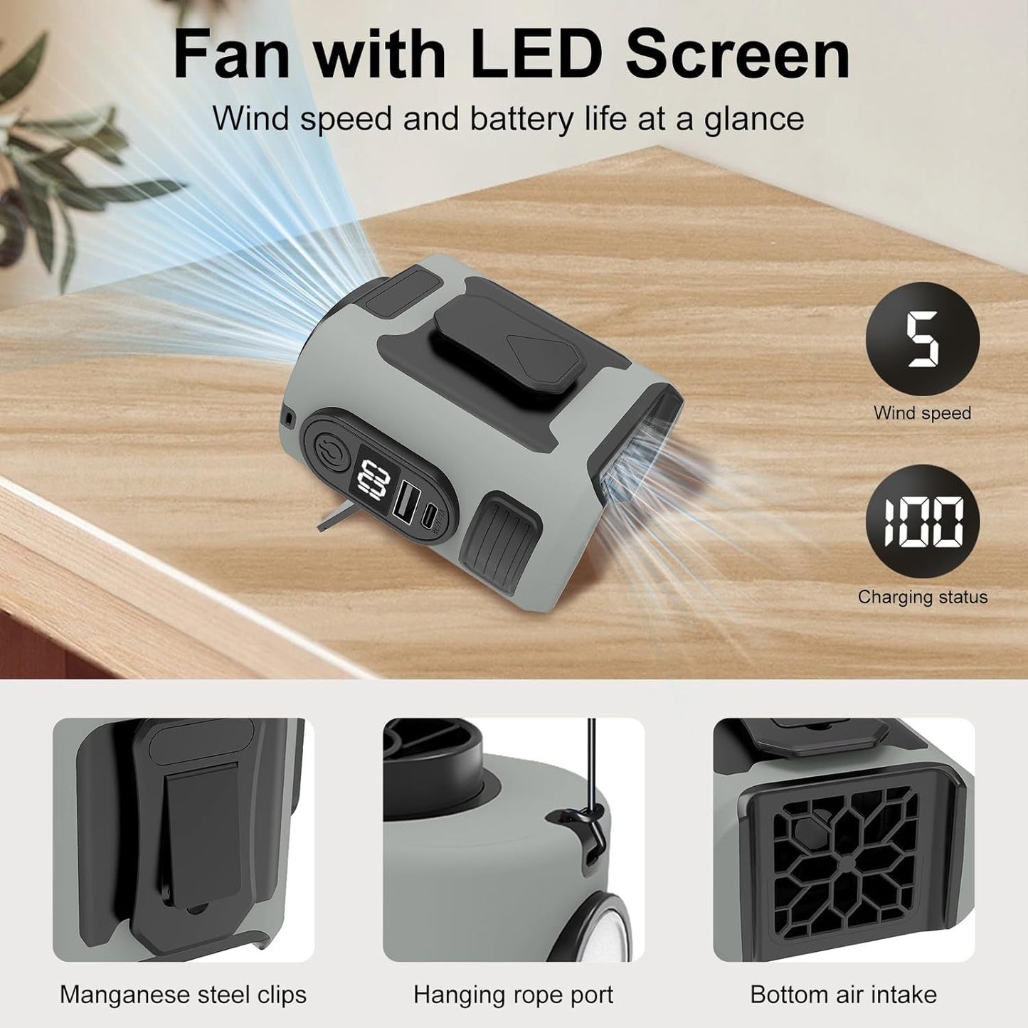 16, 000 Rpm 10000mAh Portable Waist Fan, Clip On Wearable Belt Personal Fan, Rechargeable Battery Powered, With 5 Speed Levels And A Flashlight, Suitable For Outdoor Camping And Traveling Gray