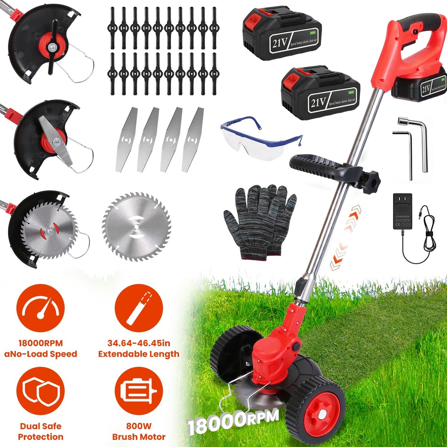 1Pc 3 In 1 Electric Cordless Grass Wacker Battery Powered Grass Trimmer With Wheels Adjustable Head Extendable Length Rechargeable Lightweight Lawn Trimmer With 2Pcs 2500mAh Batteries