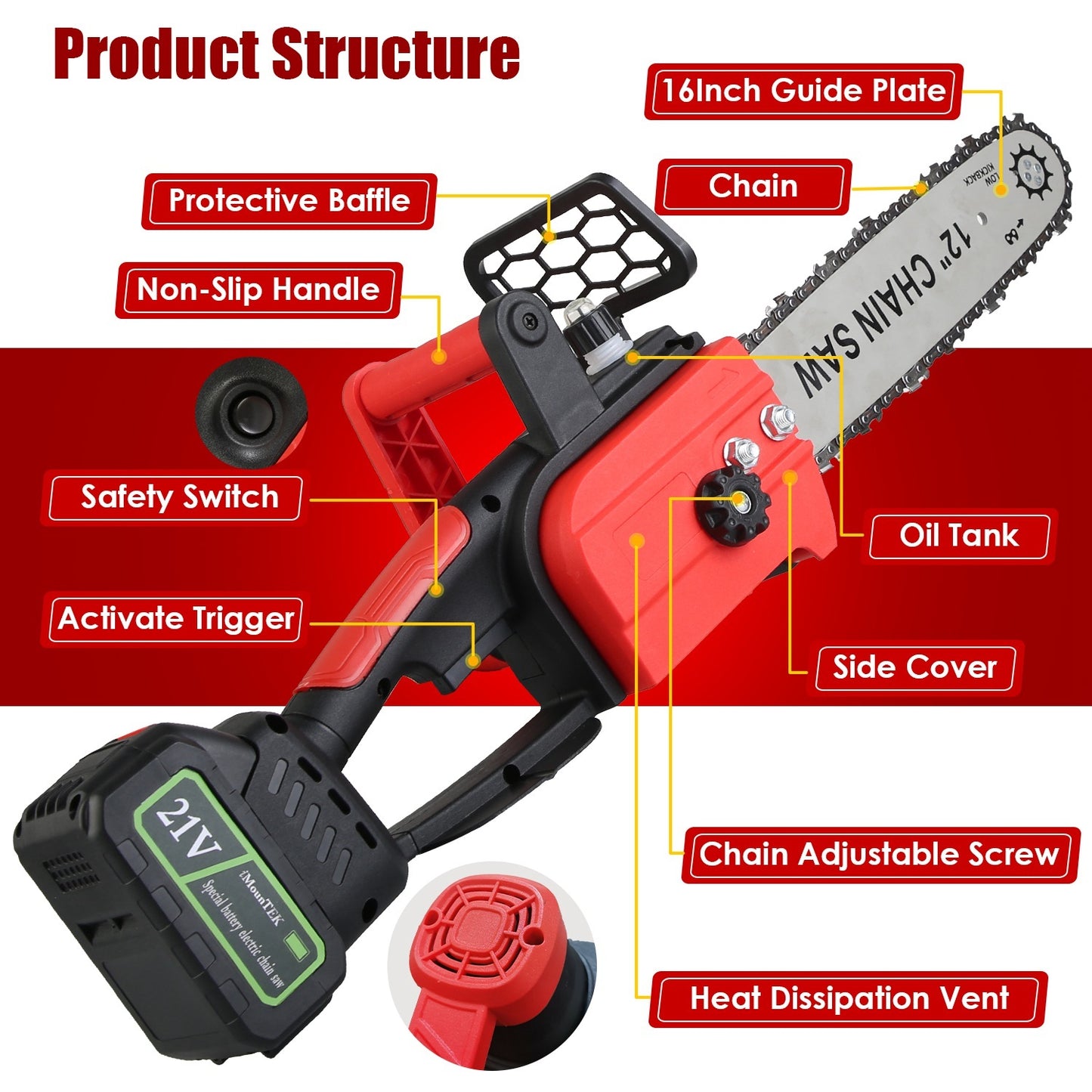1Pc 12Inch Electric Cordless Chainsaw With 2Pcs 21V 3000mAh Battery And Charger Brushless Battery Operated Handheld Chainsaw With Auto Oiler Safety Switch For Tree Trimming Wood Cutting